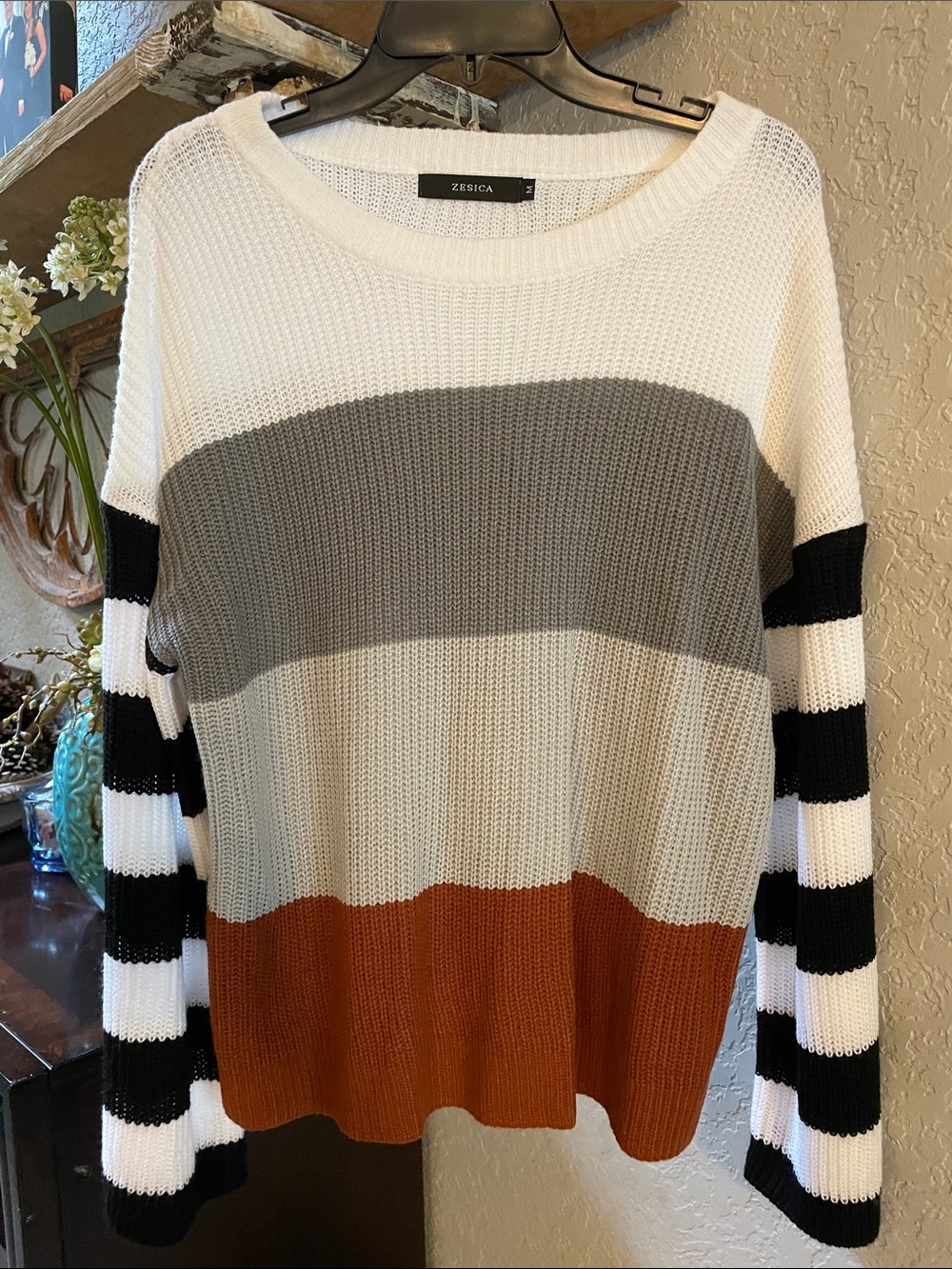 Zesica Colorblock Stripe Knit Sweater - White, Gray, Tan, Rust